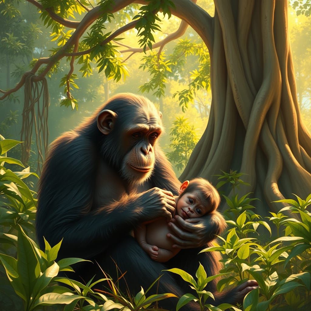Serene Jungle Mother in Earthy Oil Painting Style