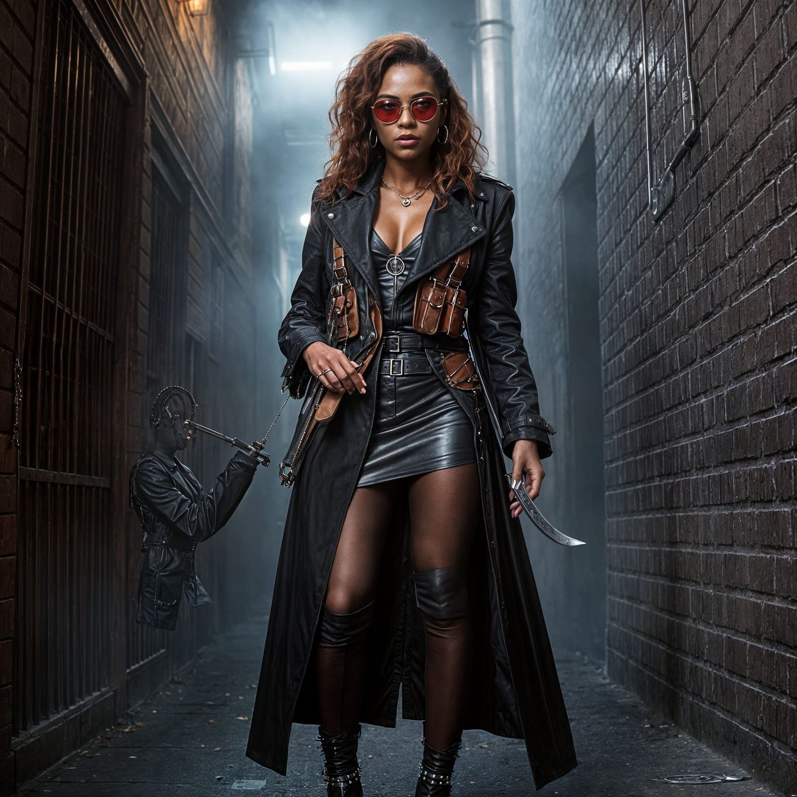 Gothic Vampire Hunter in Mist-Shrouded Alleyway