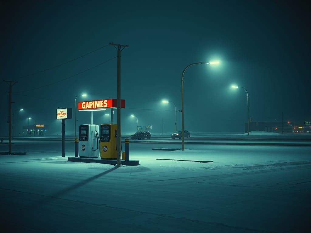 Empty gas station at night with snow in 2001, nostalgia