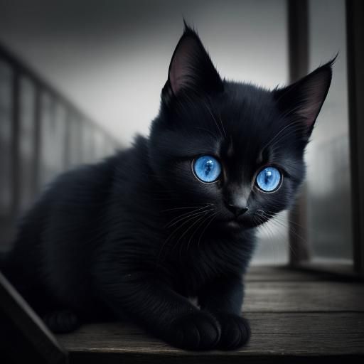 Hyperrealistic Black Kitten with Navy Blue Eyes