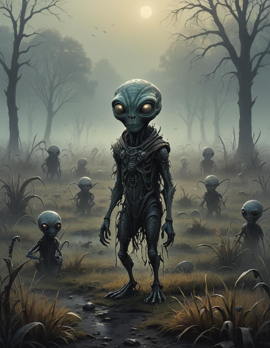 Cute Alien Cryptid in Spooky Foggy Field