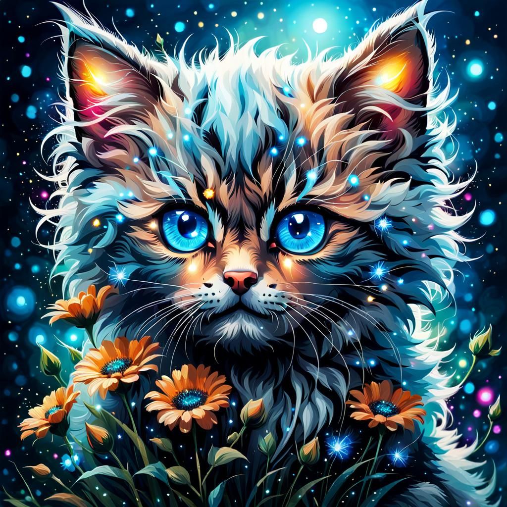 Adorable Mad Kitten with Glowing Eyes in Space