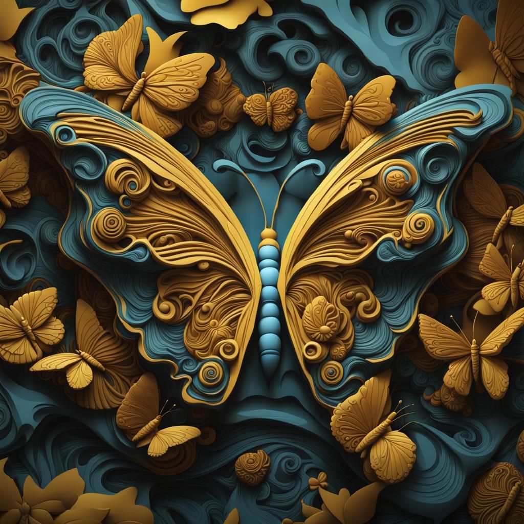 3D Yellow Butterfly Wood Carving with Fractal Elements