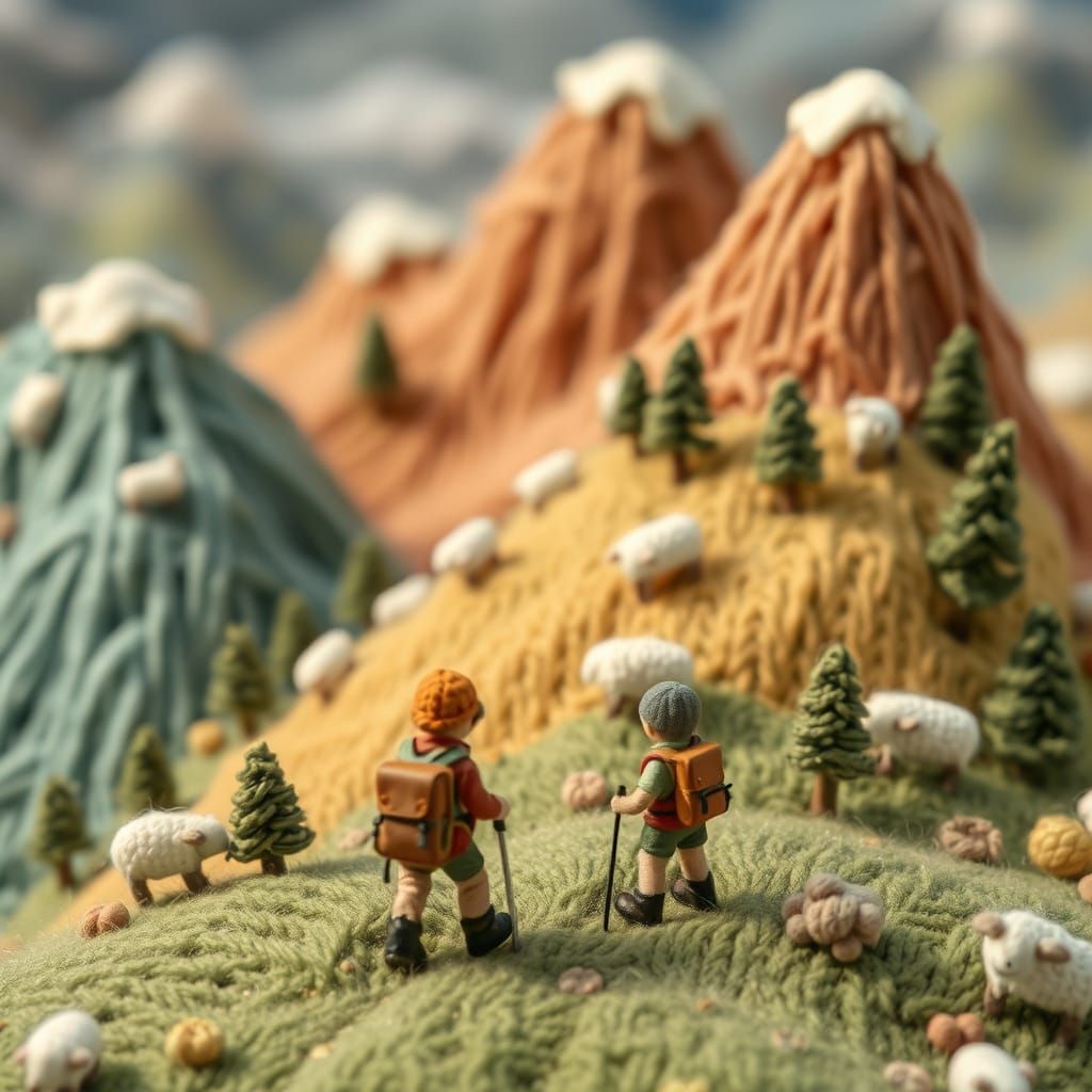Miniature Hikers in Knitted Ghibli Landscape