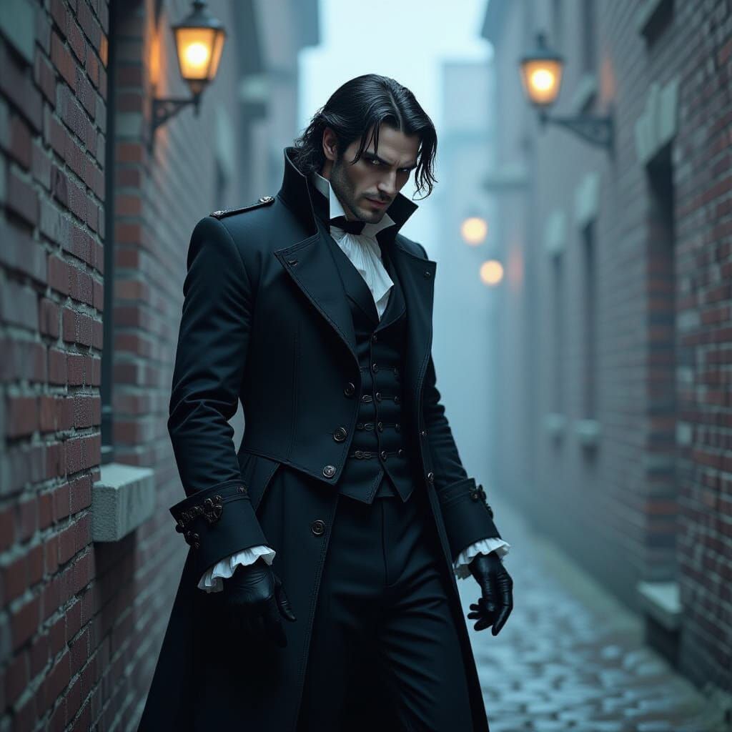 Victorian Vampire in Mist-Shrouded Alleyway