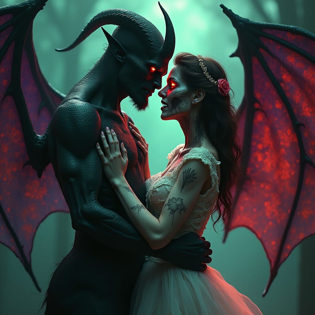 Demon and Zombie Wife Embrace in Surreal Dreamscape
