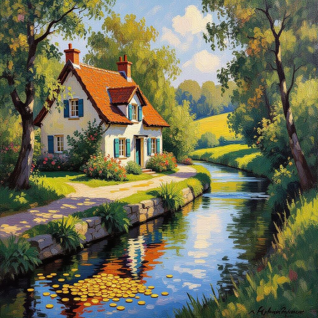 Impressionist Oil Painting of a Cottage with River and Gold
