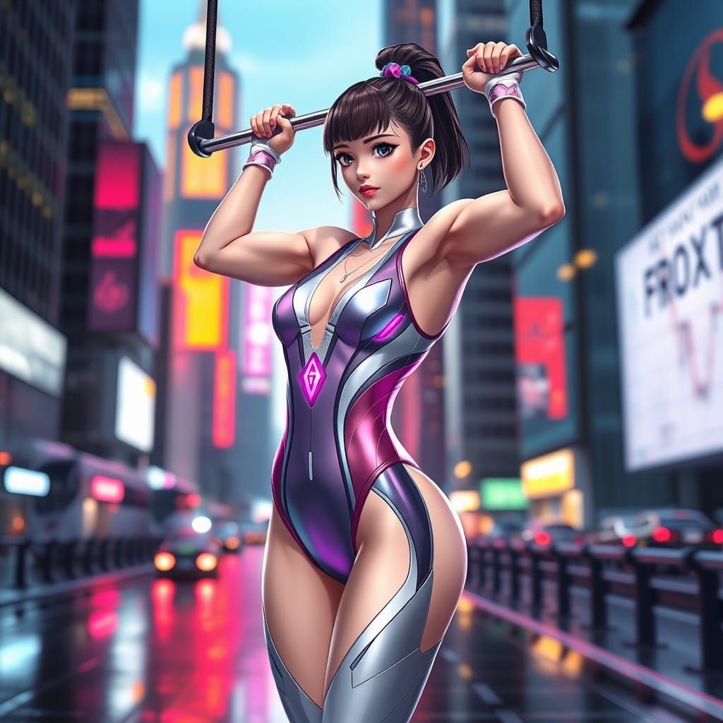 Gymnast Leans on Futuristic Stock Market Graph in Hyper-Futu...