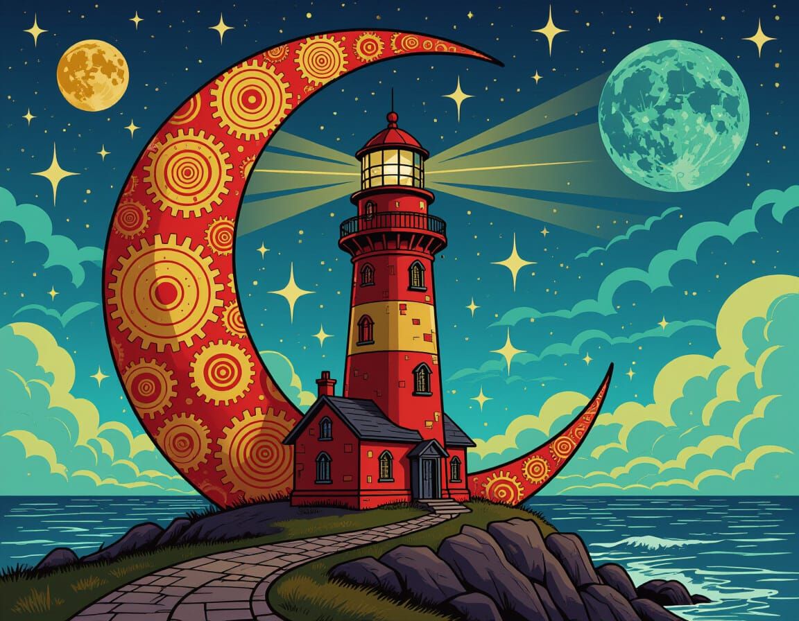 Steampunk Moon and Cyberpunk Lighthouse