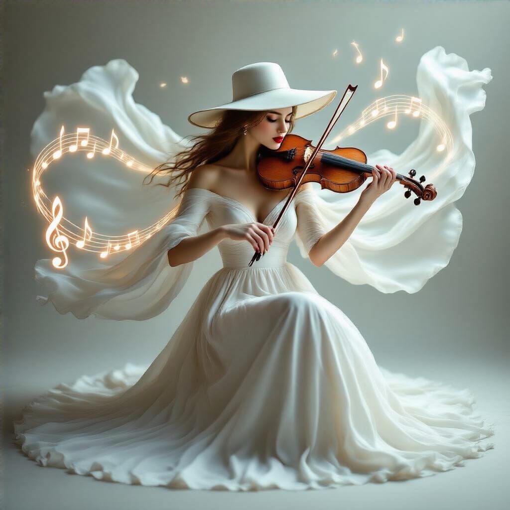 Ethereal Woman Playing Violin with Musical Notes