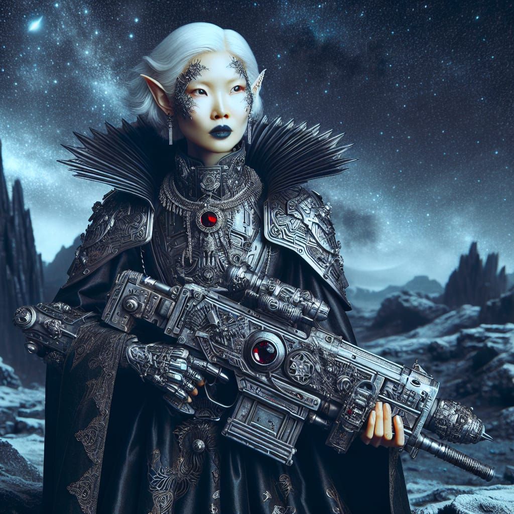 Elegant Goth Space Warrior in Cyberpunk Armor