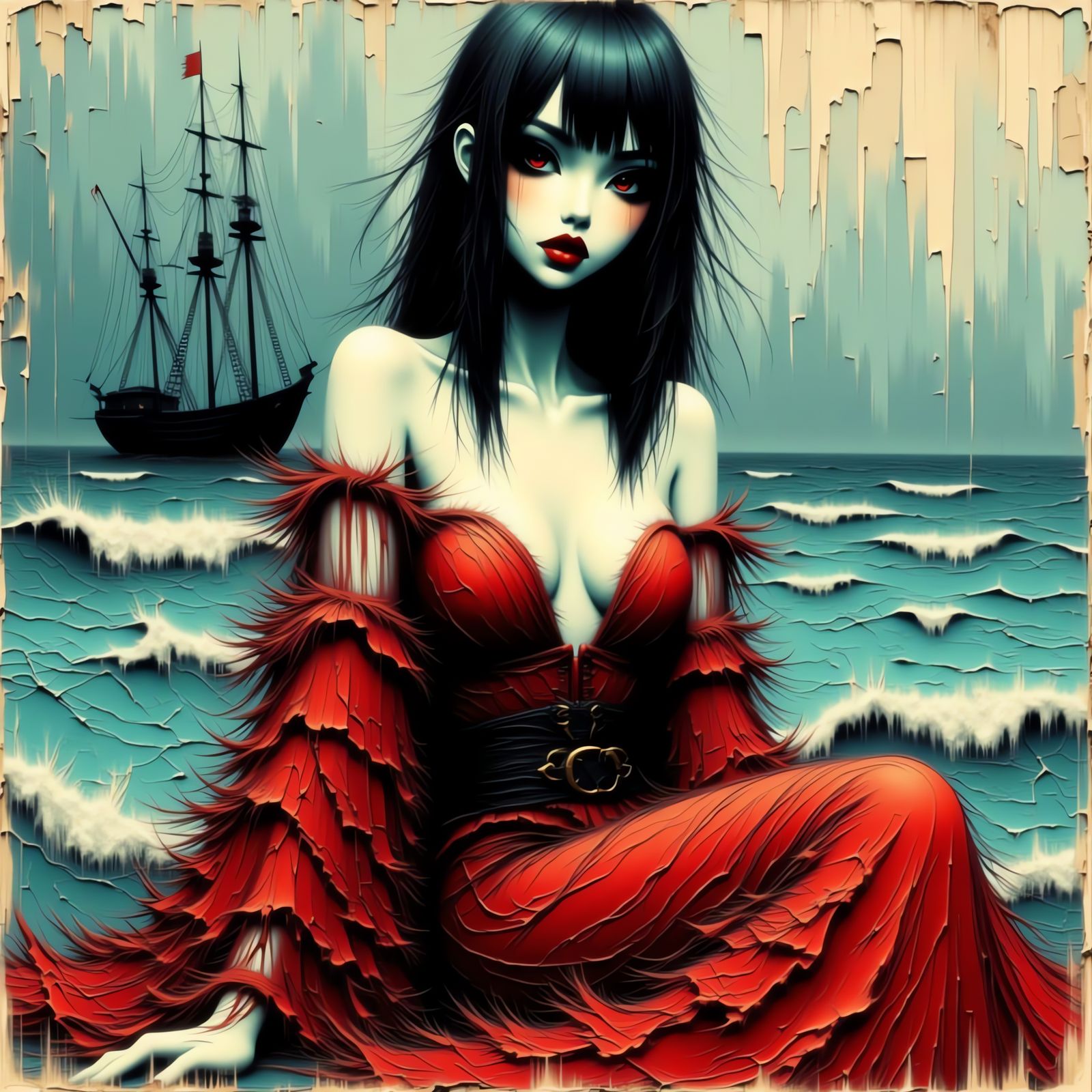 Gothic Anime Woman Amidst Sea Storm and Shipwreck