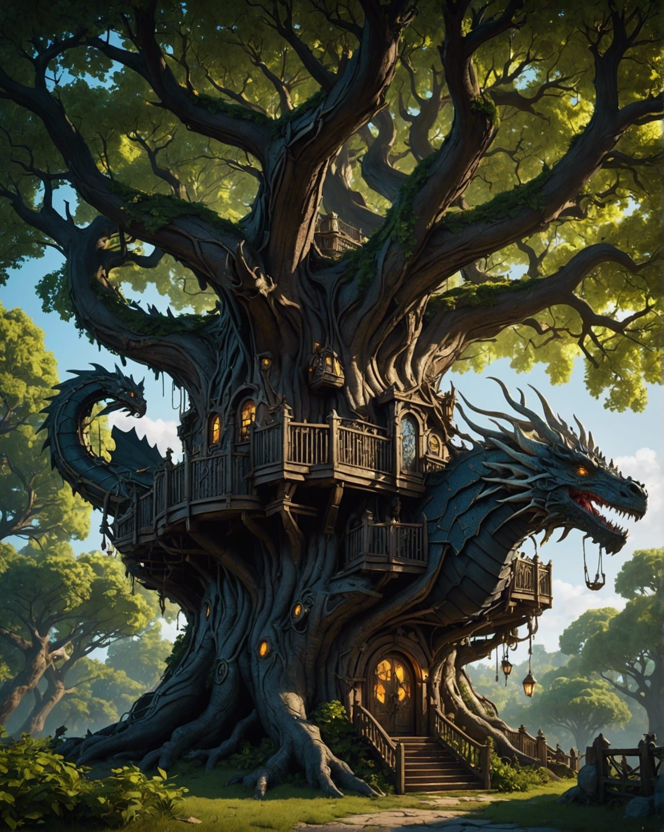 Mechanical Dragon Treehouse in Dark Fantasy Style