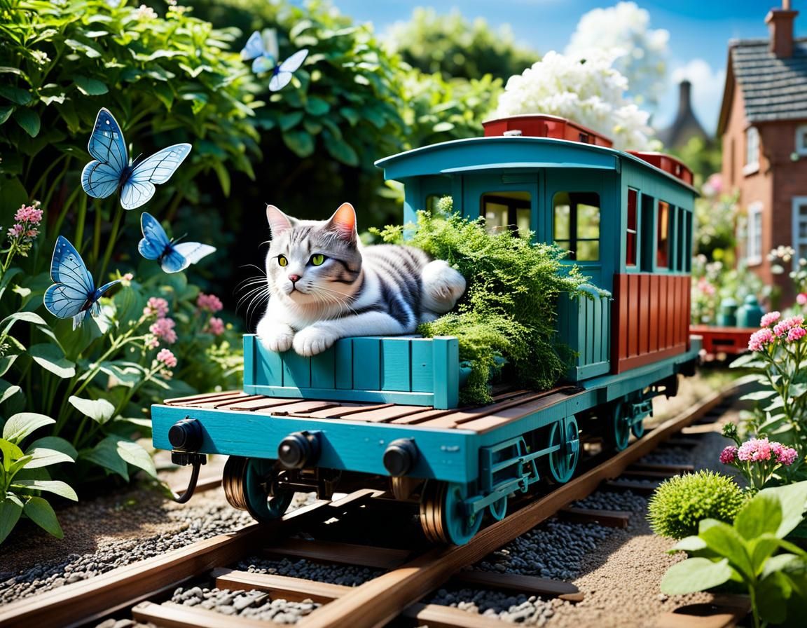 A cat enjoys the garden railway