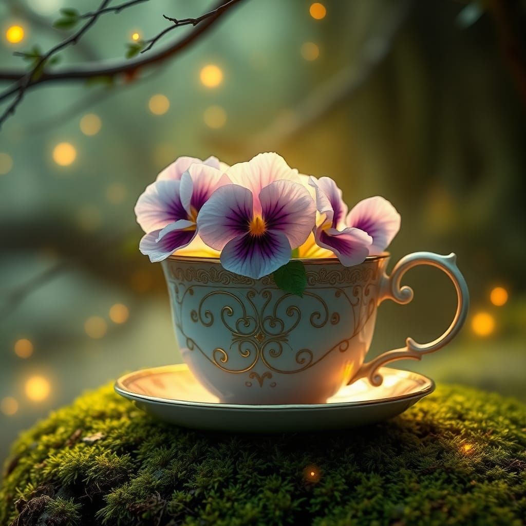 Pansies Bloom from Ornate Teacup in Misty Forest