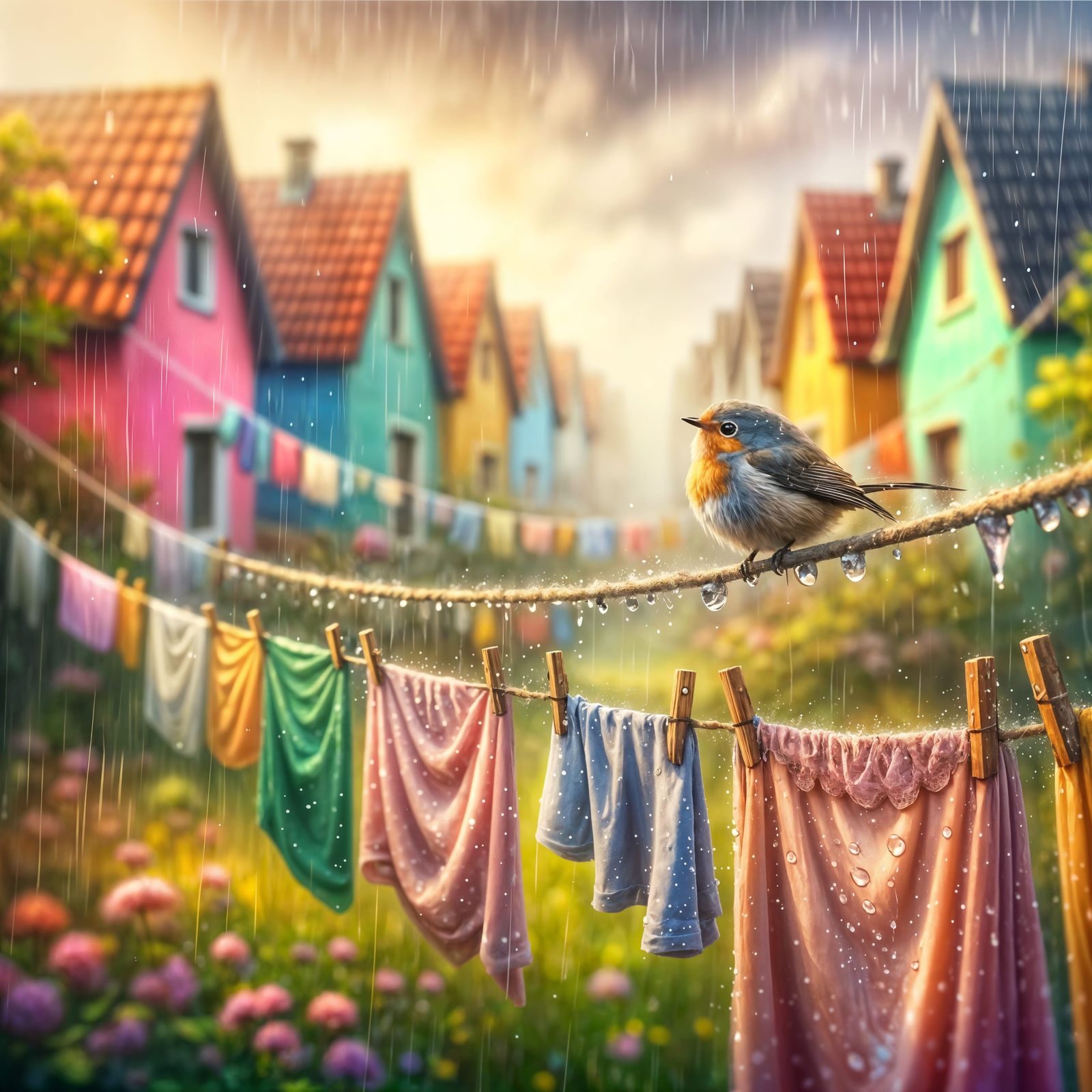 Bird on Clothesline in Summer Rain, Dreamy Painting