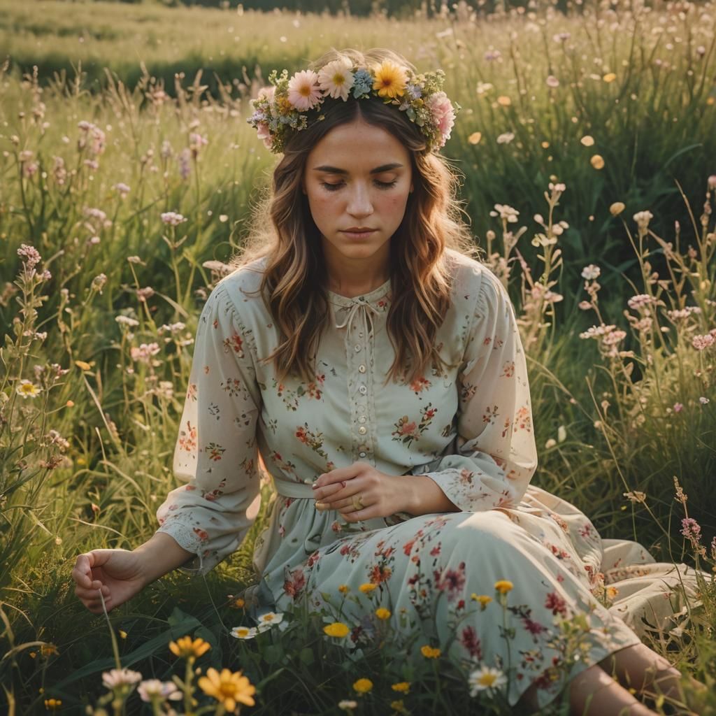 Woman in Floral Crown, Meadow in Golden Hour