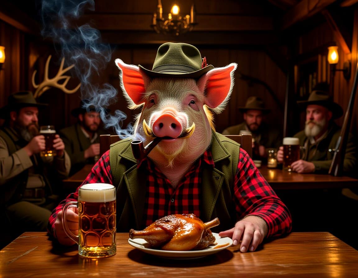 Pig Hunter Enjoys Beer and Meal in Rustic Tavern