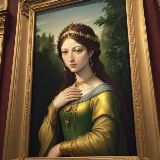 Renaissance Woman in Garden: Oil Painting