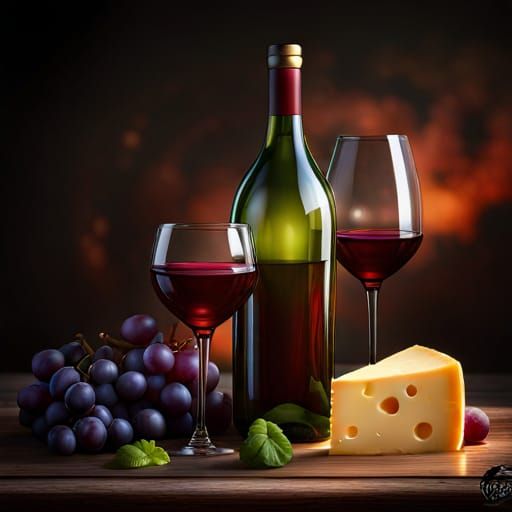Wine, Cheese and Grapes in Detailed Matte Painting