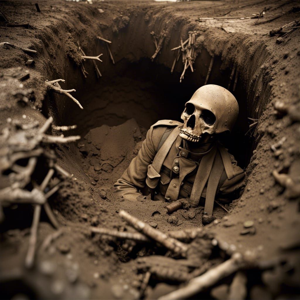 WWI Soldier in Shell Hole: Gloomy Battlefield Photograph