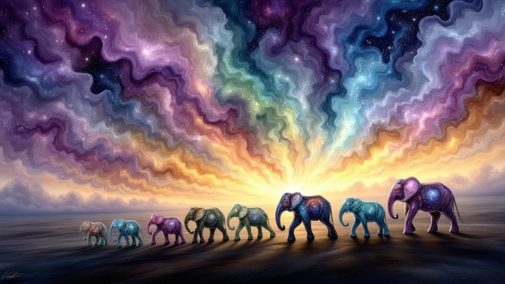 Glass Elephants on Glowing Black Sand Desert