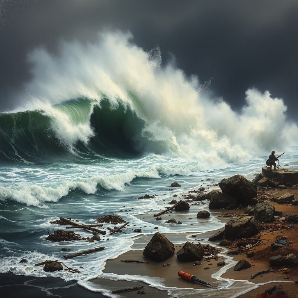 Tsunami Wave Crashes Against the Shore in a Dramatic Scene