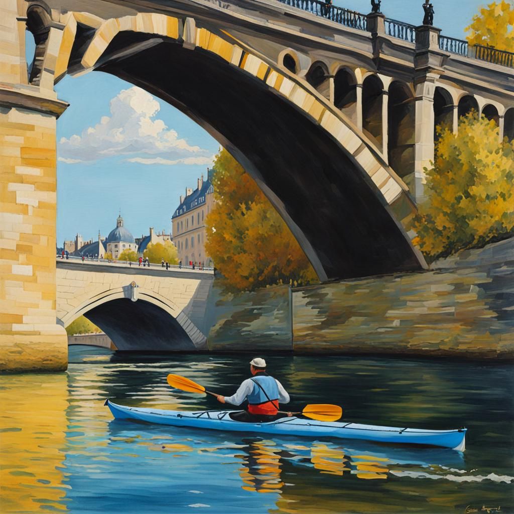 Kayaker Paddling Under Pont Neuf: Gouache Style