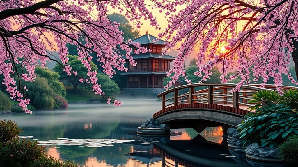 Japanese Garden with Pagoda in Ukiyo-e Style