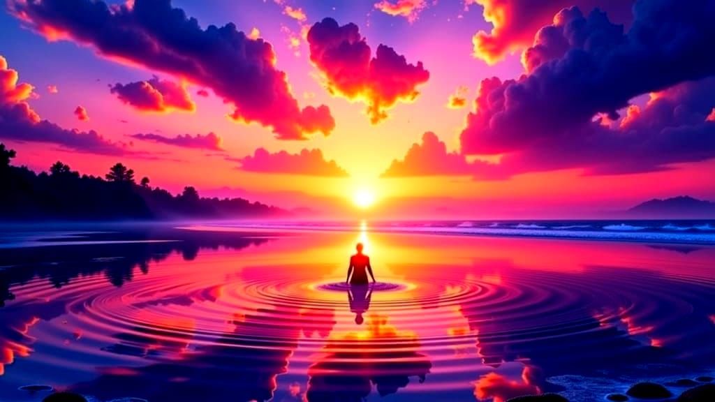 Surreal Beach Scene at Sunset in Vibrant Colors