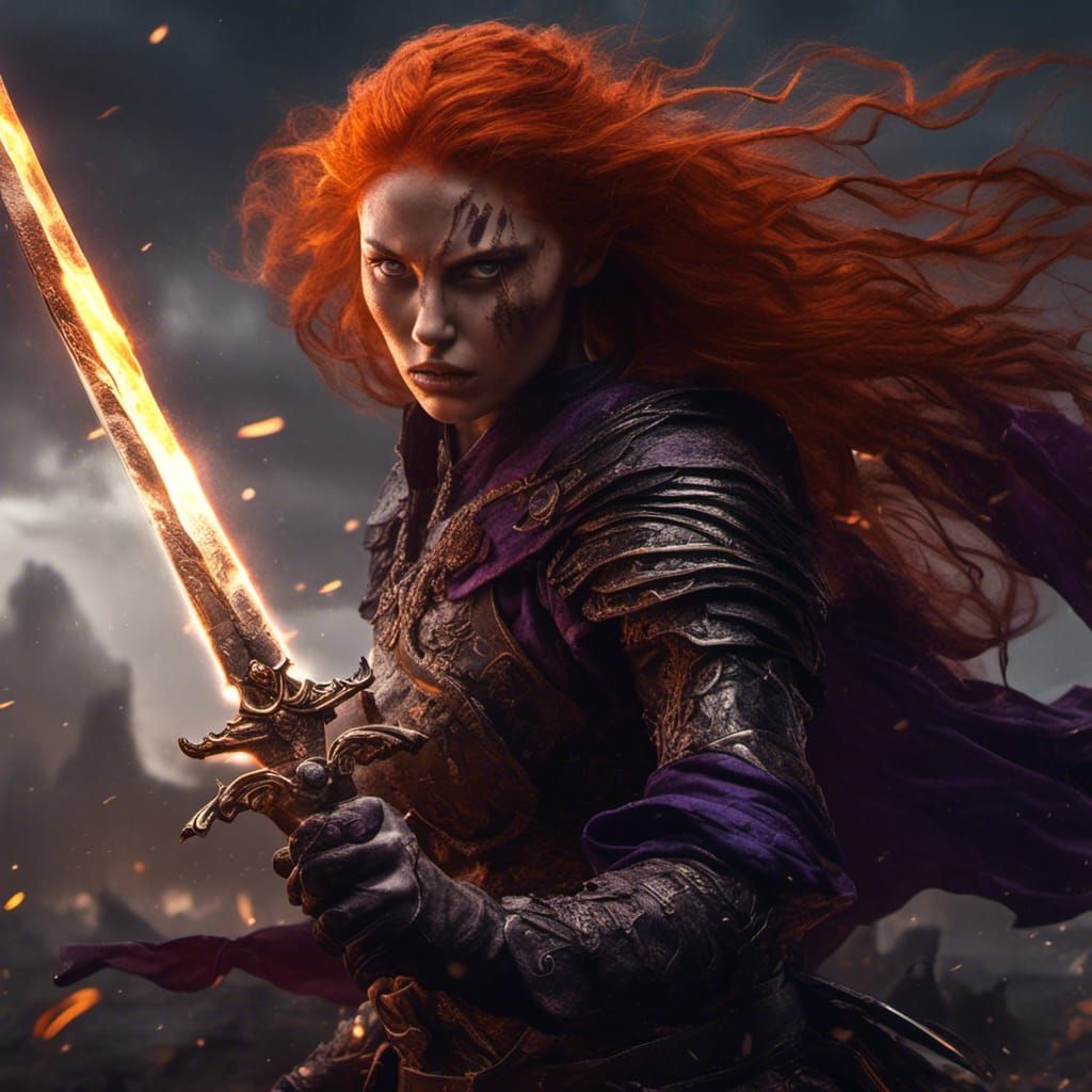 Red-Haired Valkyrie with Glowing Purple Eyes