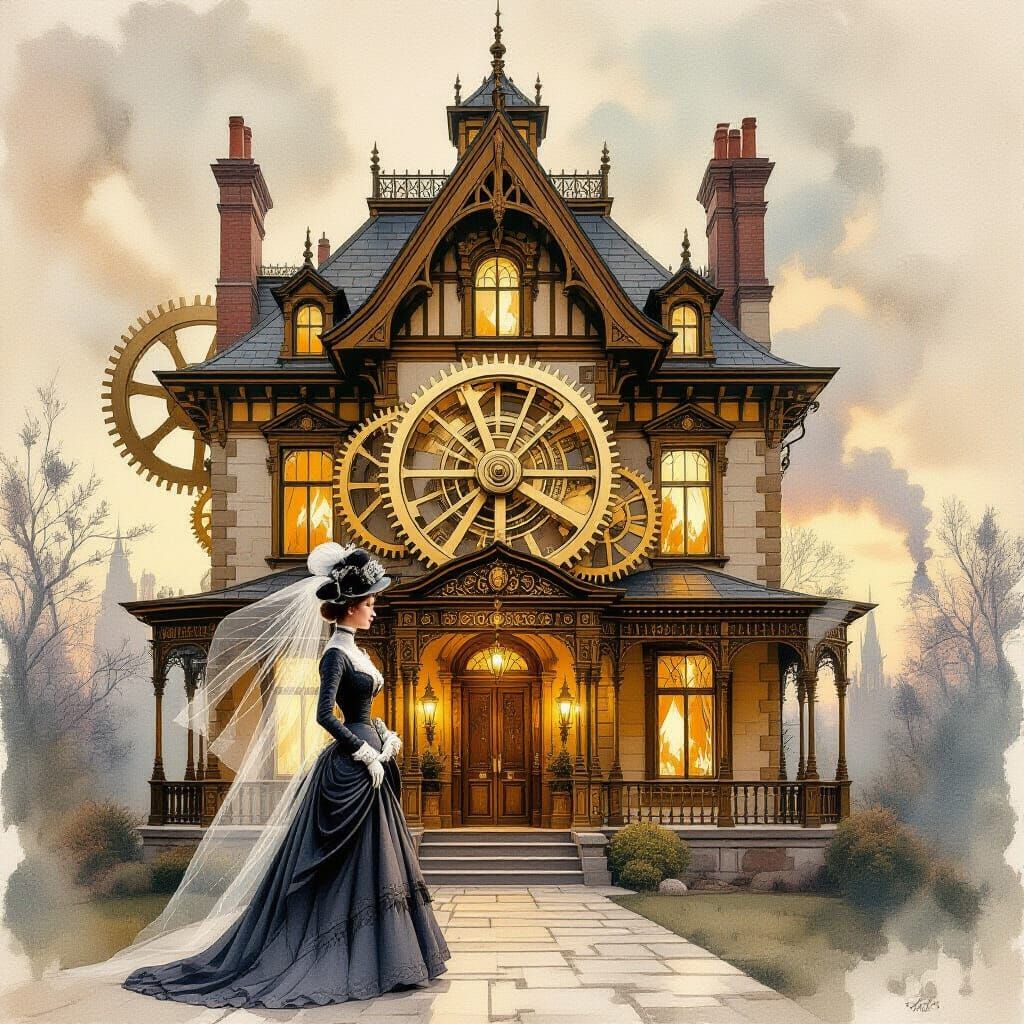 Majestic Gear House with Victorian Woman: Oil Painting