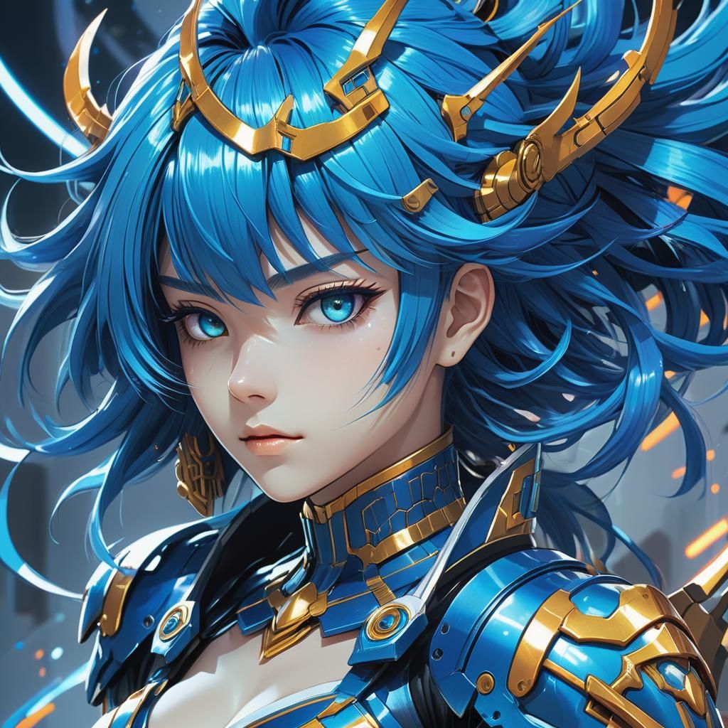 Futuristic Blue-Haired Queen in Anime Style