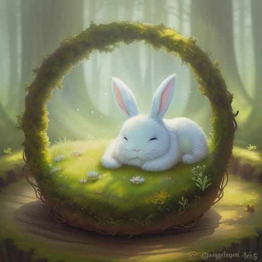 Sleepy Moss Bunny in Watercolor Style