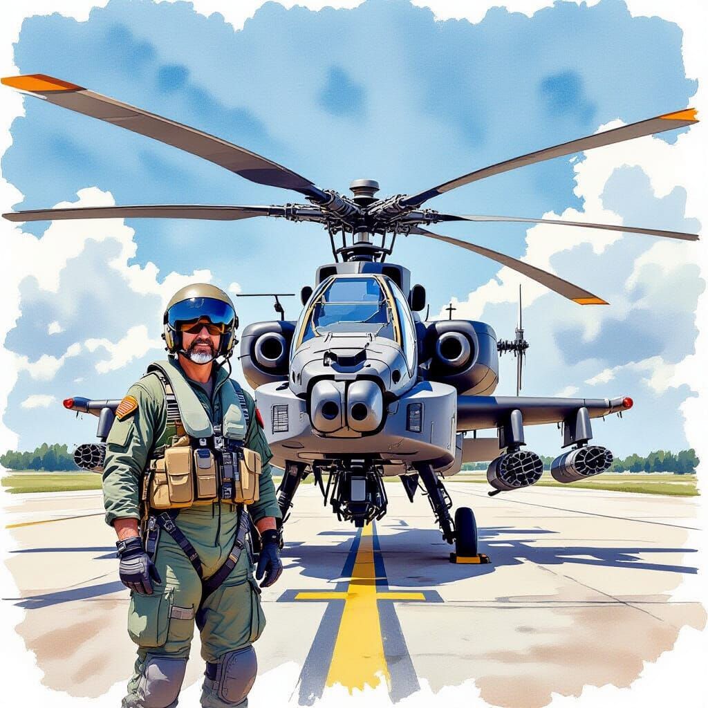 USAF Pilot and Apache Helicopter in Watercolor