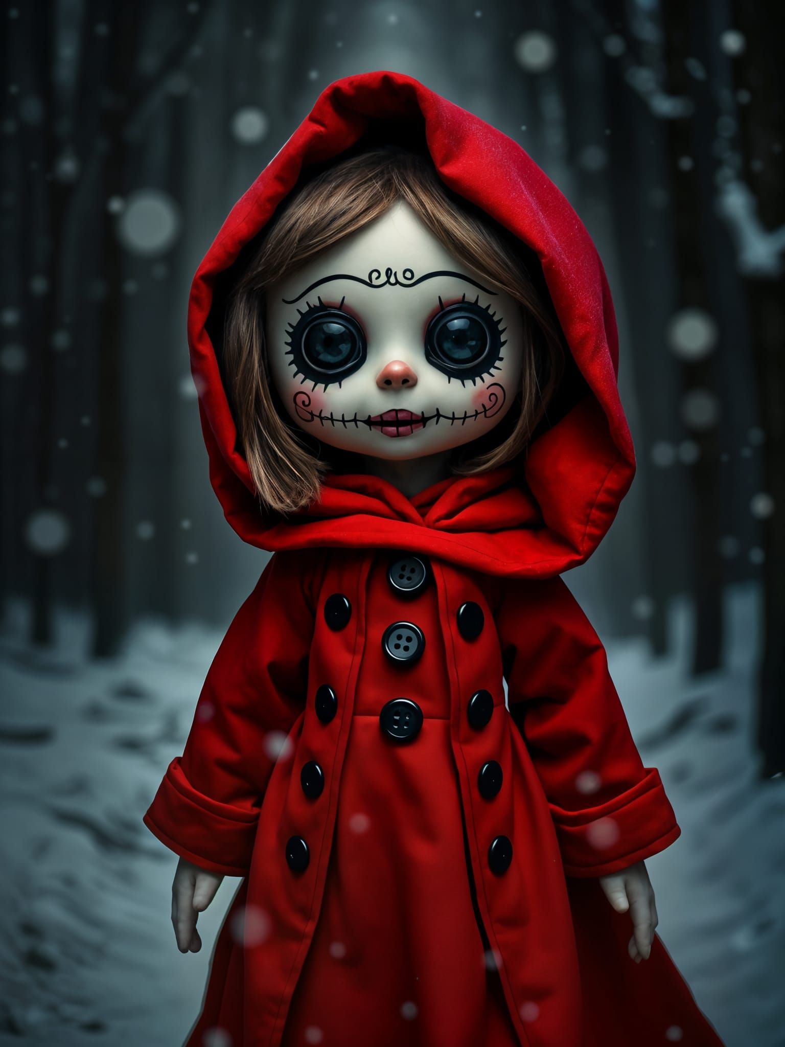 Gothic Punk Rag Doll in Snowy Forest Night
