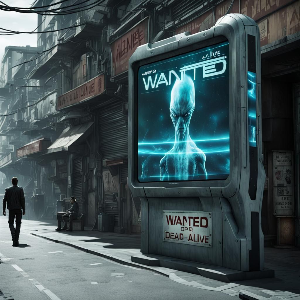Futuristic City Street with Alien Wanted Poster
