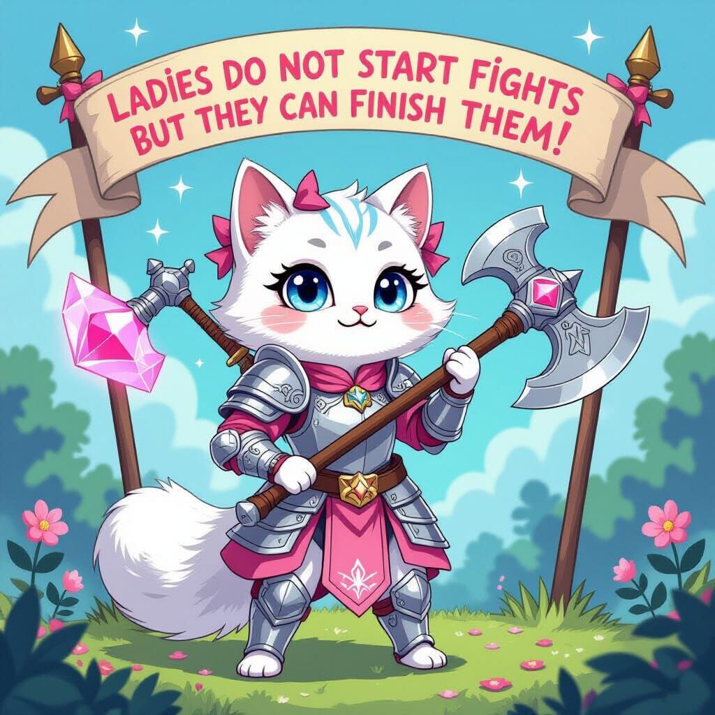 Marie the Warrior Kitten in Fantasy Landscape