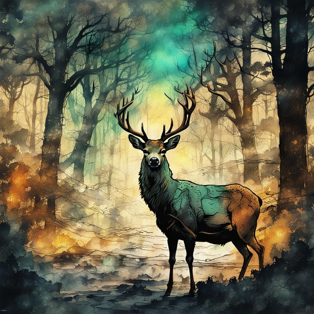 Steampunk Deer in Forest Ink Painting
