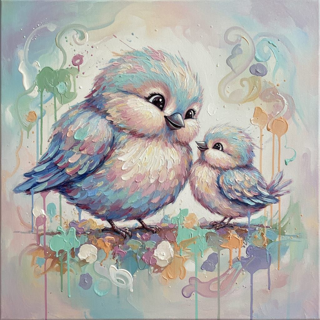 Adorable Mother and Baby Birds in Naive Acrylic Style