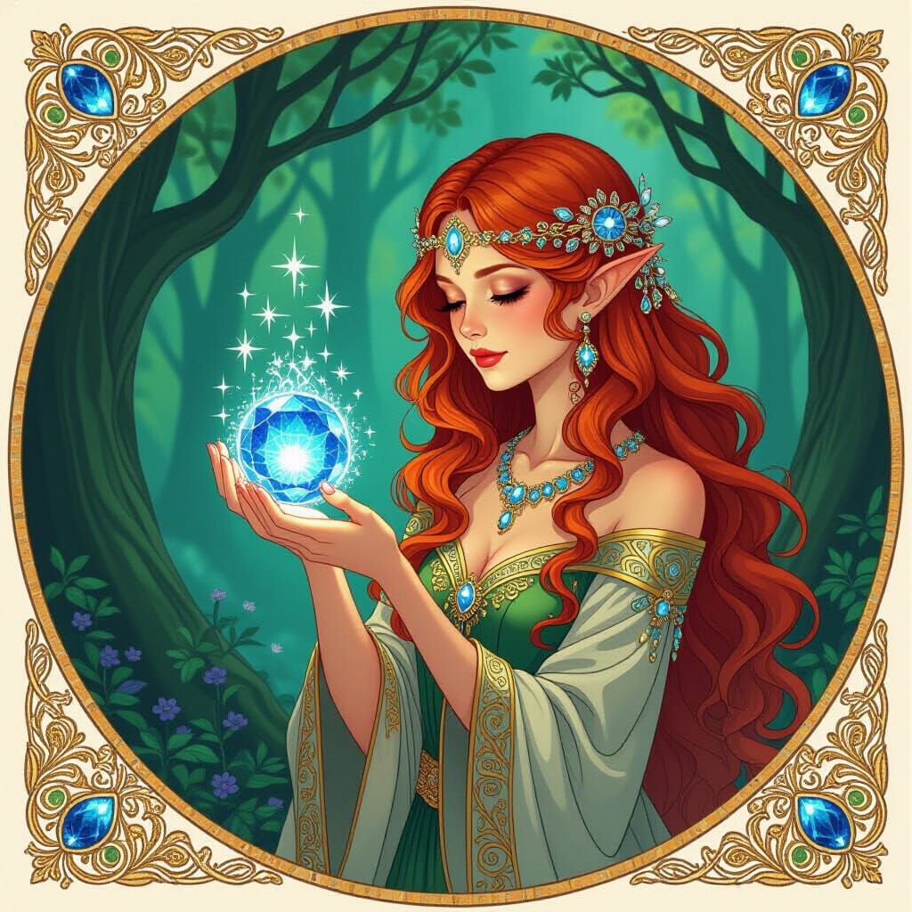 Forest Sorceress Examines Sapphire in Art Nouveau Style