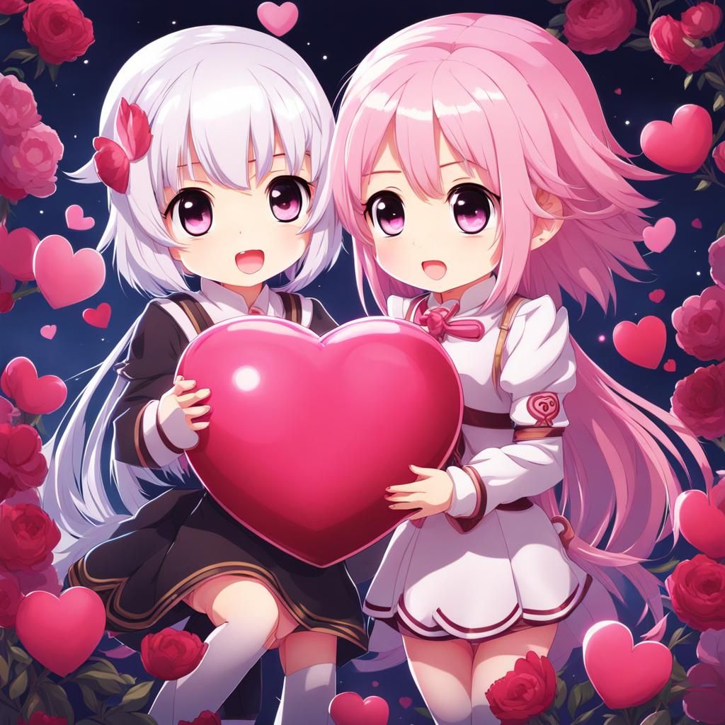 Chibi Girls Holding a Heart: Anime Style