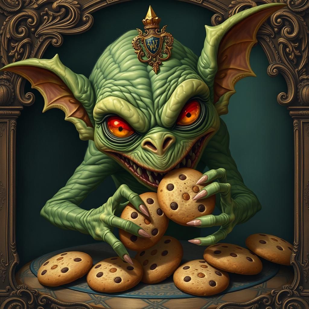 Nightmarish Gremlin Eats Cookies in Rococo Setting