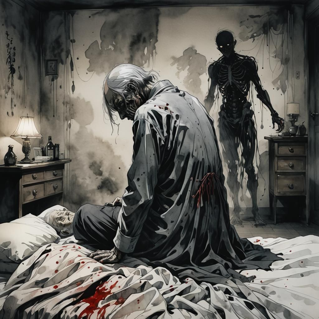 Dark Anime Scene with Ghostly Figure, Ink Wash Style