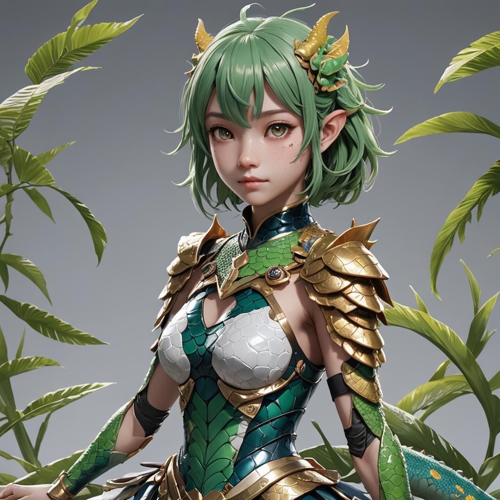 Gecko Human Hybrid Waifu in Anime Style