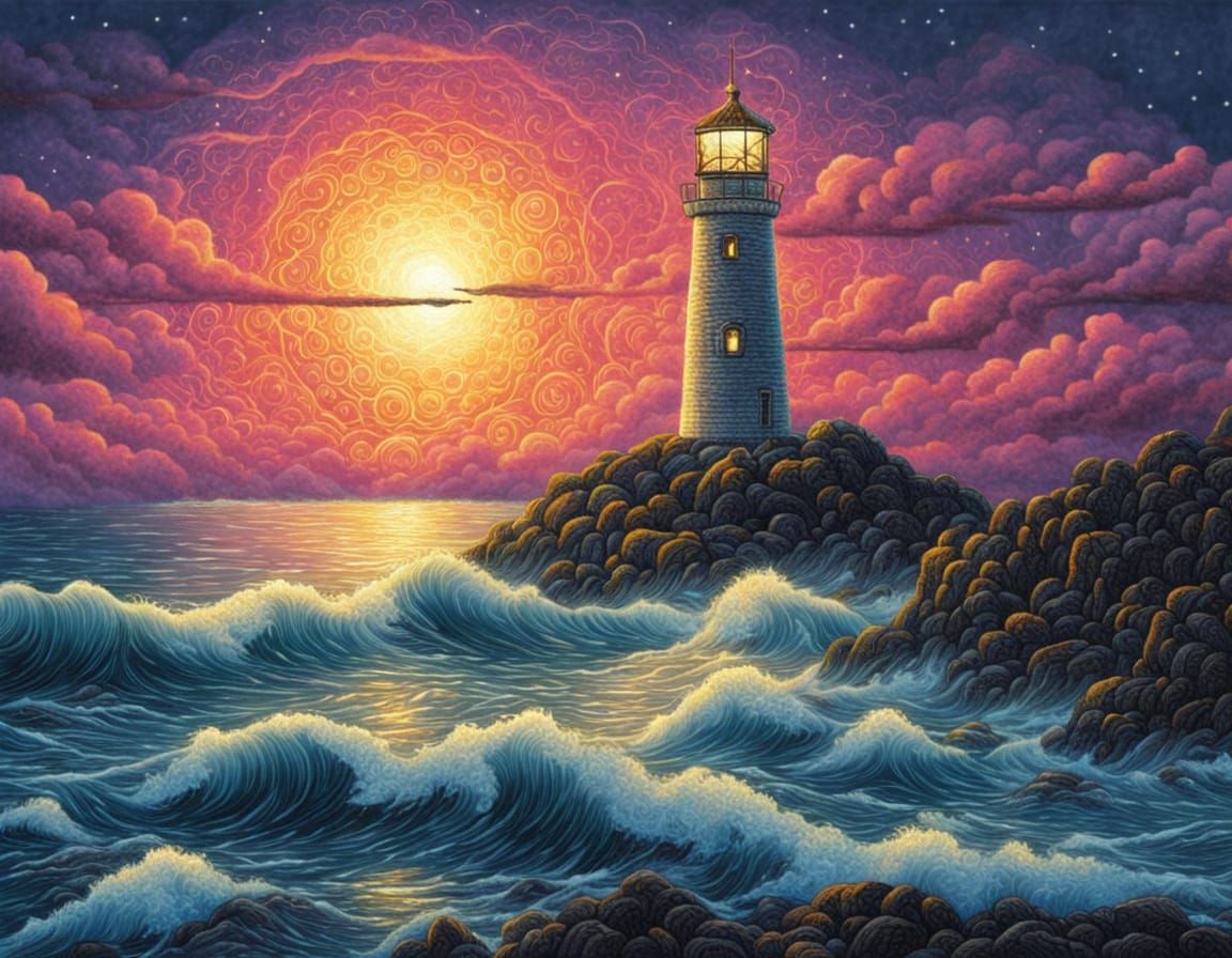 Embroidered Lighthouse at Twilight Sea