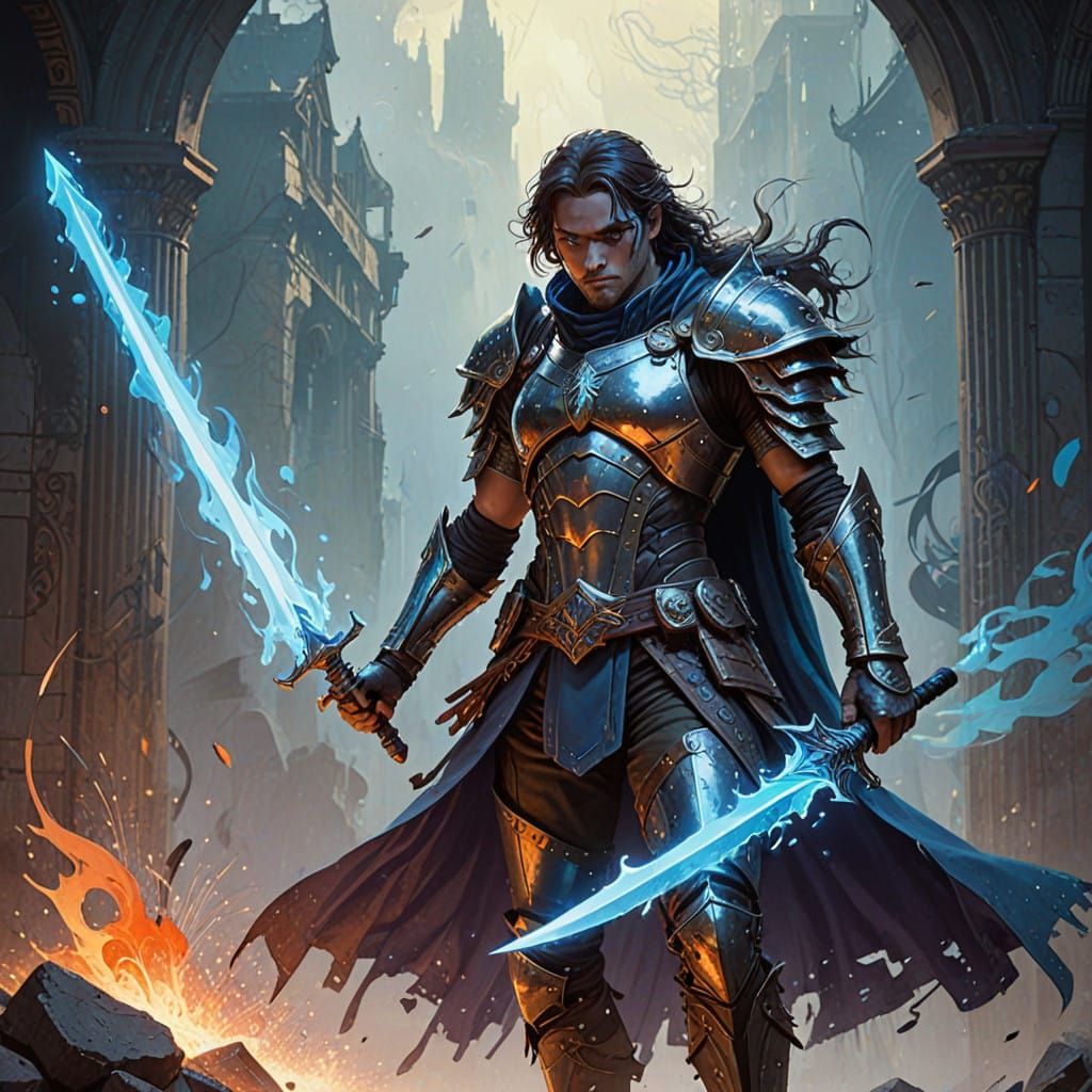 Heroic Fantasy Warrior in Intricate Leather Armor Wields Eth...