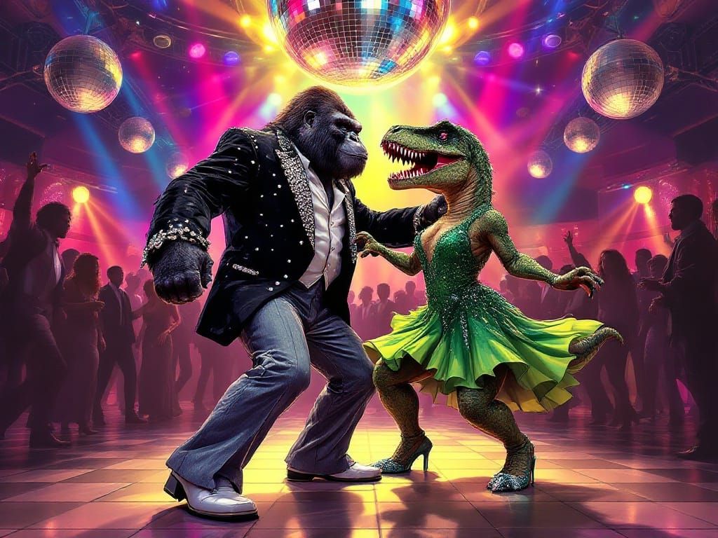 Gorilla and T-Rex Disco Dancers in Retro Futuristic Setting