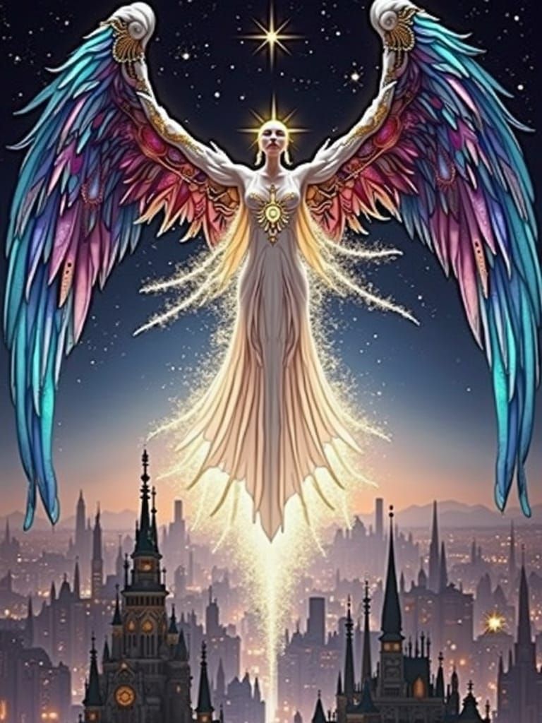 Celestial Being Above Futuristic City in Art Nouveau Style