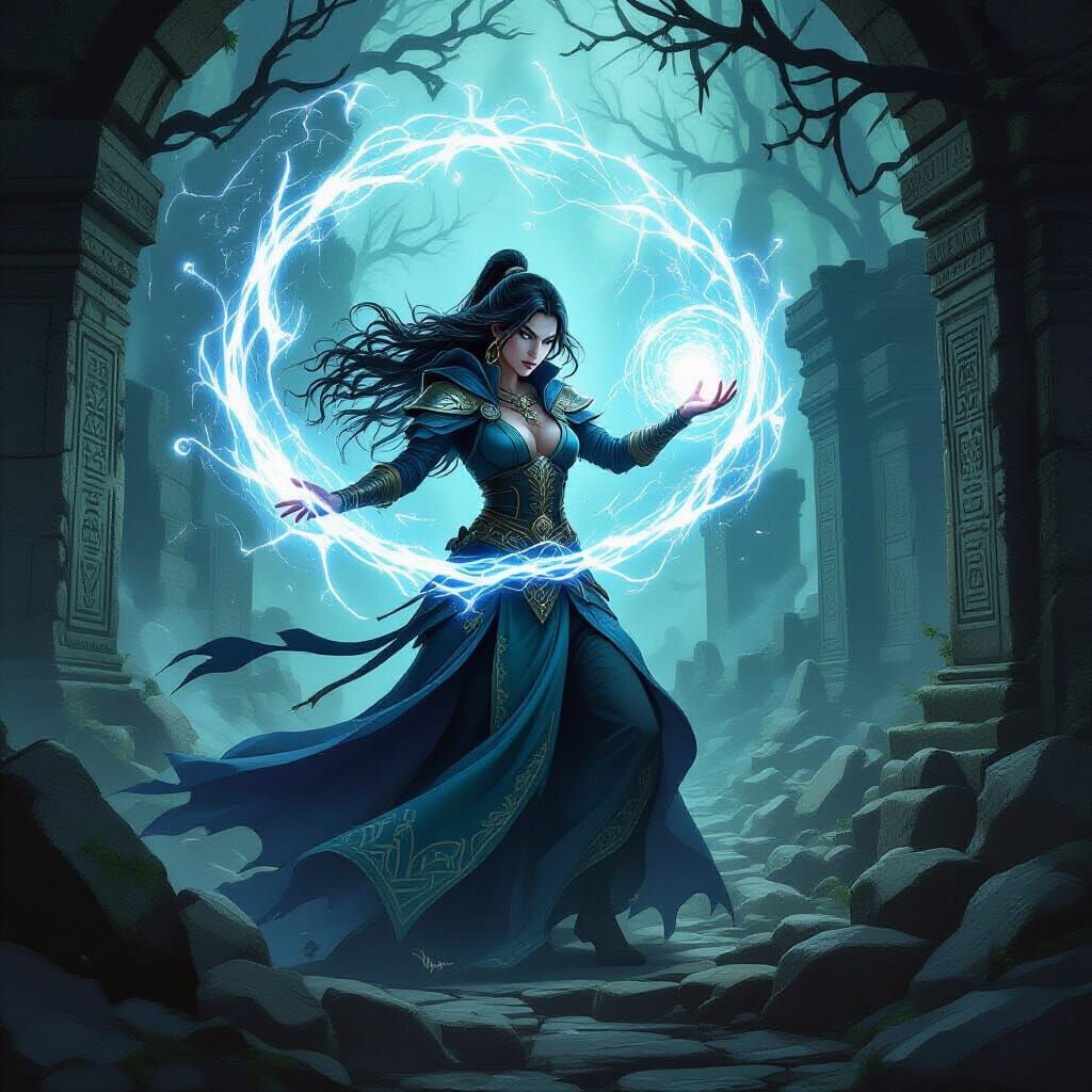 Female Sorceress Conjuring Magic in Misty Forest Ruins